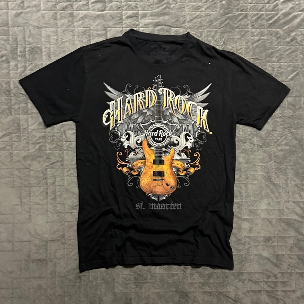 Vintage y2k Hard Rock Cafe Guitar‎ Grunge St. Maarten Black Mens Large Shirt